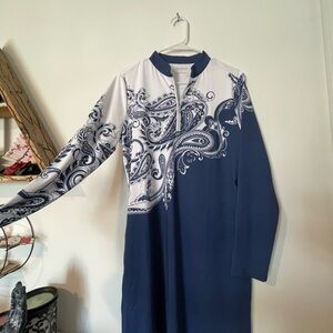 Acegolfs Elegant Navy and White Paisley Midi sport golf Dress